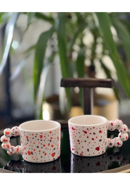 Rengarenk Boncuk Kulp ile Şık Turuncu Kupa Fincan Seti fiyatları