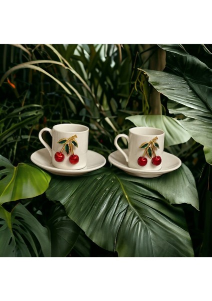 Altın Salkımlı Kiraz Desenli 2 Kişilik Porselen Kahve Fincanı Takımı