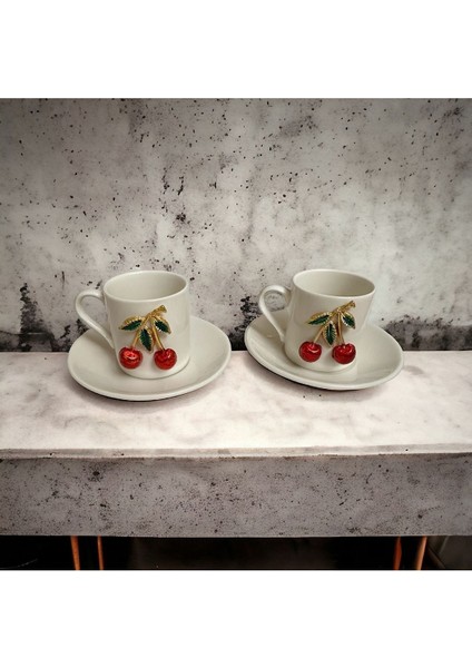 Altın Salkımlı Kiraz Desenli 2 Kişilik Porselen Kahve Fincanı Takımı modelleri