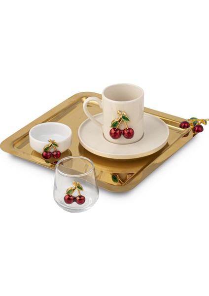 Kare Tek Kişilik Kahve Sunum Seti, Kiraz Aksesuar Detaylarıyla Zarif Tasarım