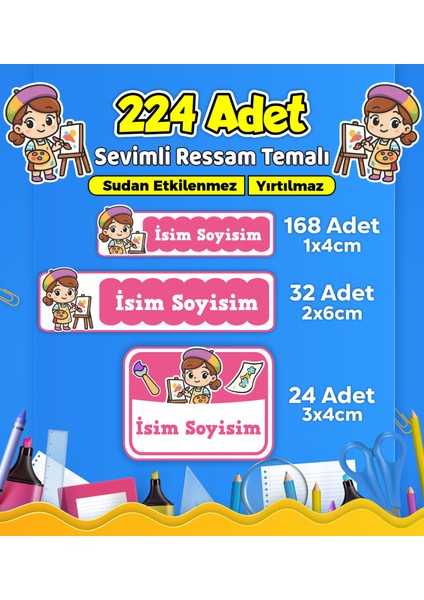 Sevimli Ressam Okul Kreş Kişiye Özel Isim Etiket Seti - Model 490