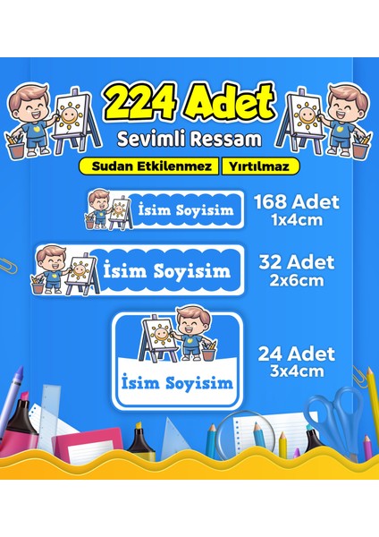 Sevimli Ressam Okul Kreş Kişiye Özel Isim Etiket Seti - Model 495