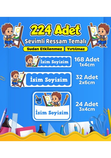 Sevimli Ressam Okul Kreş Kişiye Özel Isim Etiket Seti - Model 491
