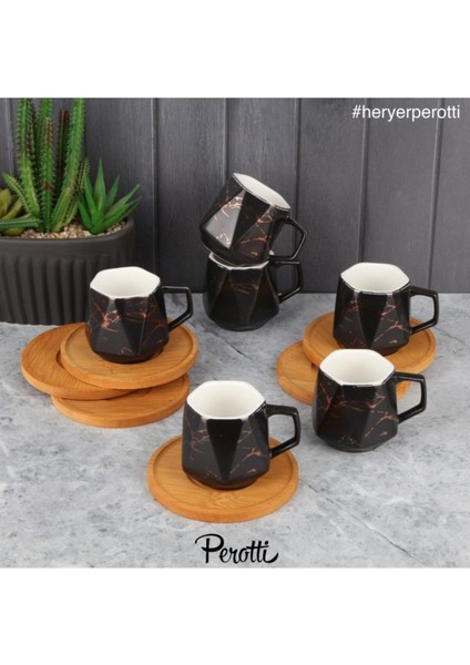 6 Kişilik Siyah Mermer Desenli Porselen ve Bambu Tabak Fincan Takımı