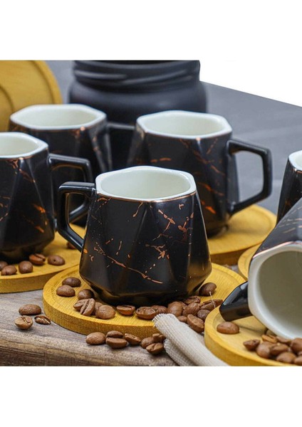 6 Kişilik Siyah Mermer Desenli Porselen ve Bambu Tabak Fincan Takımı modelleri