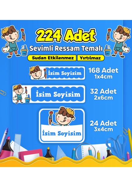 Sevimli Ressam Okul Kreş Kişiye Özel Isim Etiket Seti - Model 493