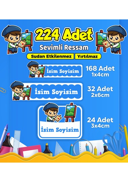 Sevimli Ressam Okul Kreş Kişiye Özel Isim Etiket Seti - Model 497