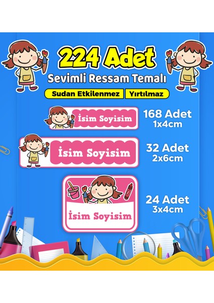 Sevimli Ressam Okul Kreş Kişiye Özel Isim Etiket Seti - Model 492