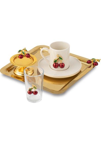 Kare Tek Kişilik Kahve Sunum Seti, Kiraz Aksesuar Detaylarıyla Şık ve Zarif