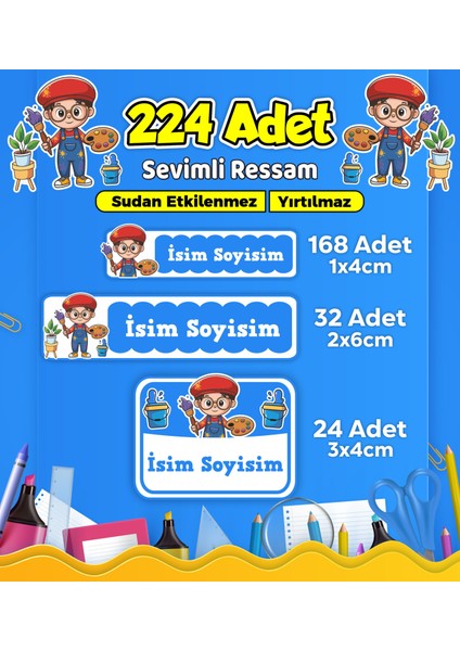 Sevimli Ressam Okul Kreş Kişiye Özel Isim Etiket Seti - Model 499