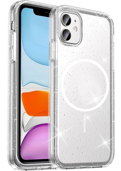 Apple iPhone 11 Uyumlu Kılıf Magsafe Şarj Özellikli Parlayan Simli Şeffaf Maris Kapak