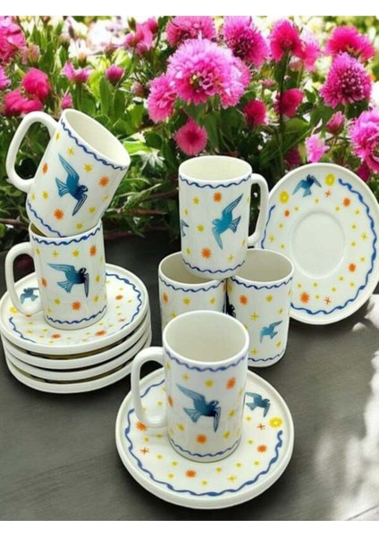 12 Parça Renkli Kahve Takımı, Dekorlu, Şık ve Modern Tasarım fiyatları