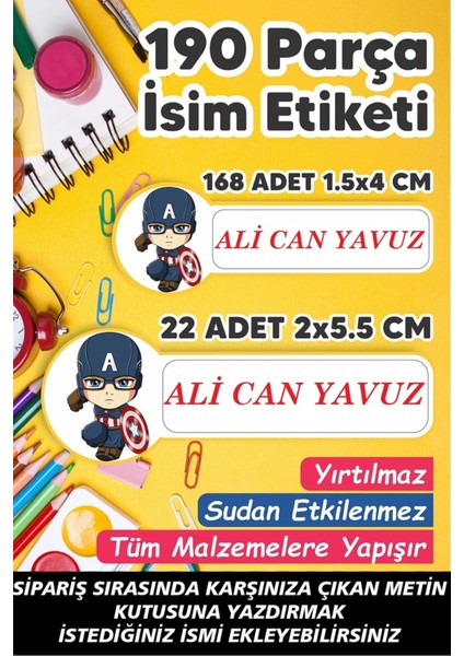 Okul Etiketi Kalem Defter Etiketi Kaptan Amerika Özel Isim Yazılabilen Etiket 190 Adet