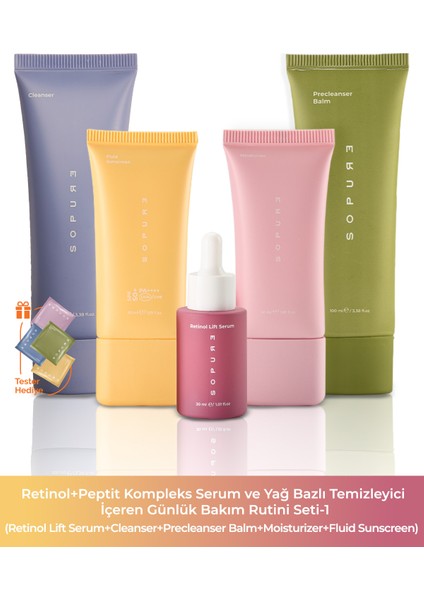 Retinol+Peptit Kompleks Serum ve Yağ Bazlı Temizleyici Içeren Günlük Bakım Rutini Seti-1 (1011121317)