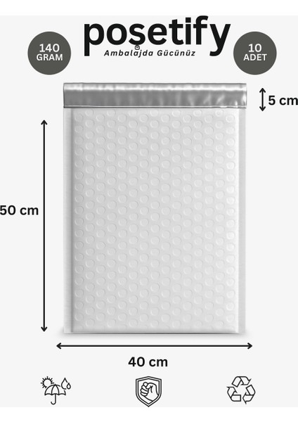Balonlu Beyaz Kargo Poşeti 40X50+5 cm | 140 gr Bantlı Patpatlı Kargo Poşeti | 10’li E-Ticaret Poşeti
