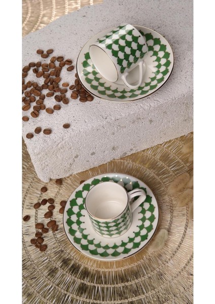 Koyu Yeşil Kahve Fincan Takımı, 2 Kişilik, 4 Parça, Şık ve Zarif Tasarım