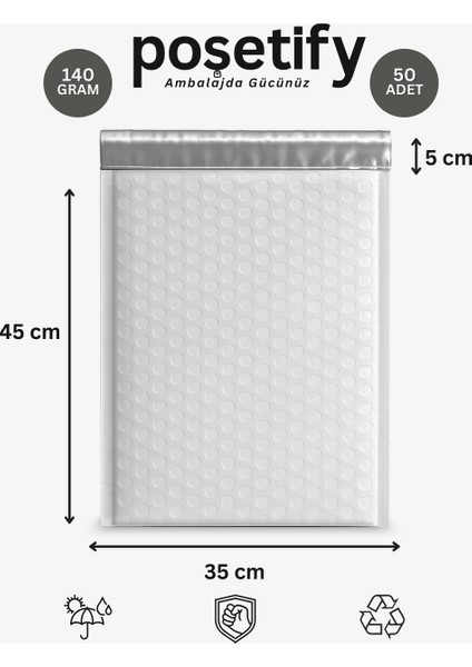 Balonlu Beyaz Kargo Poşeti 35X45+5 cm | 140 gr Bantlı Patpatlı Kargo Poşeti | 50’li E-Ticaret Poşeti