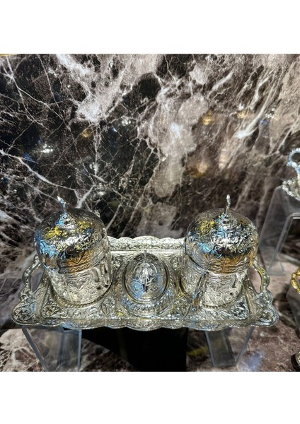 2 Kişilik Osmanlı Desenli Gümüş Türk Kahvesi Fincan Takımı Seti