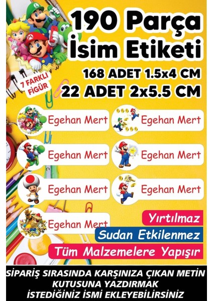 Okul Etiketi Kalem Defter Etiketi Süper Mario Temalı Özel Isim Yazılabilen Etiket - 190 Adet