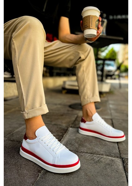 J979 Santoni Ortopedik Taban Günlük Cilt Erkek Sneaker Spor Ayakkabı Cbt Beyaz/kırmızı