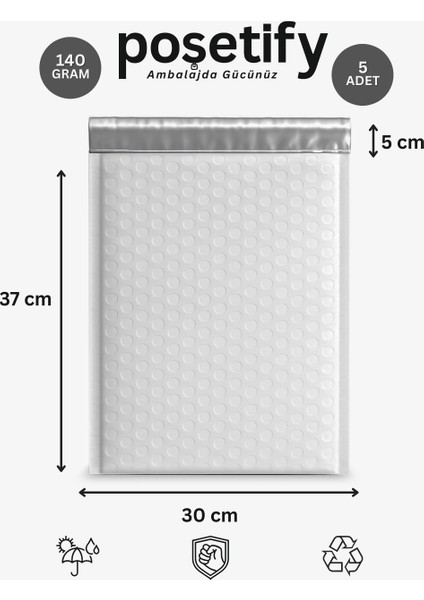 Balonlu Beyaz Kargo Poşeti 30X37+5 cm | 140 gr Bantlı Patpatlı Kargo Poşeti | 5’li E-Ticaret Poşeti