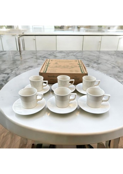 6 Kişilik Porselen Kahve Fincan Takımı, Krem ve Beyaz Renkli, Şık ve Dayanıklı