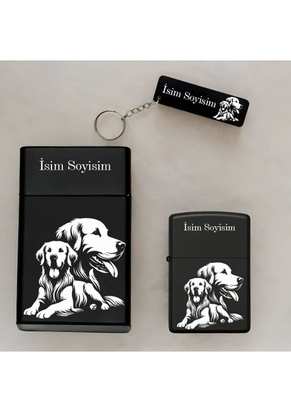 Golden Köpek Desenli Kişiye Özel Isimli Çakmak,metal Tabaka ve Anahtarlık Seti - 3'lü Hediye Set