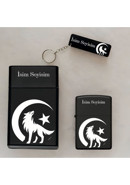 Kurt Ayyıldız Desenli Kişiye Özel Isimli Çakmak,metal Tabaka ve Anahtarlık Seti - 3'lü Hediye Set