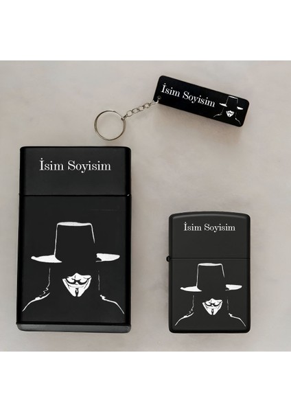 V For Vandetta Desenli Isimli Çakmak,metal Tabaka ve Anahtarlık Hediye Seti S38