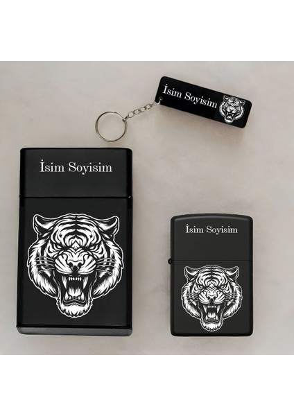 Kaplan Desenli Kişiye Özel Isimli Çakmak,metal Tabaka ve Anahtarlık Seti - 3'lü Hediye Set