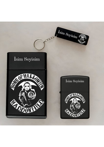 Sons Of Halloween Desenli Isimli Çakmak,metal Tabaka ve Anahtarlık Hediye Seti