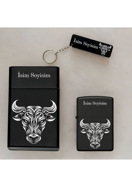 Boğa Desenli Kişiye Özel Isimli Çakmak,metal Tabaka ve Anahtarlık Seti - 3'lü Hediye Set