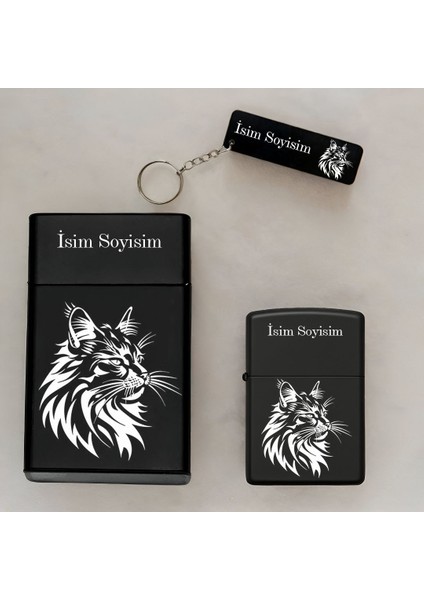 Kedi Desenli Kişiye Özel Isimli Çakmak,metal Tabaka ve Anahtarlık Seti - 3'lü Hediye Set