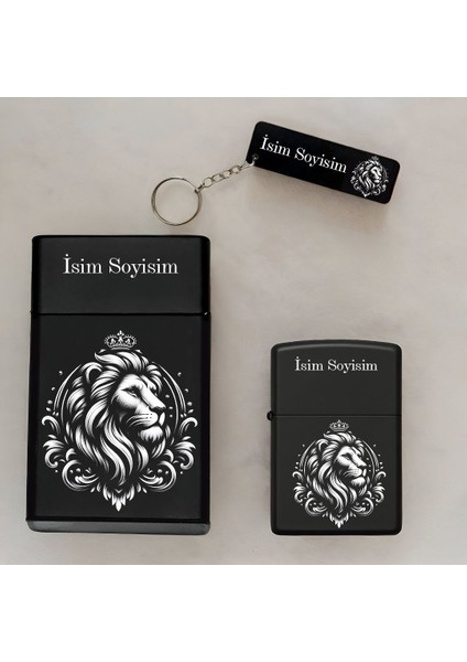 Aslan Figürlü Kişiye Özel Isimli Çakmak,metal Tabaka ve Anahtarlık Seti - 3'lü Hediye Set