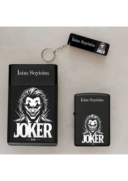 Joker Desenli Kişiye Özel Isimli Çakmak,metal Tabaka ve Anahtarlık Seti - 3'lü Hediye Set SMP30