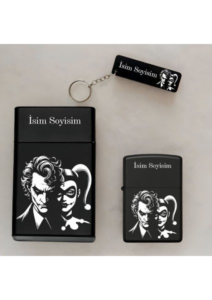 Joker ve Harley Desenli Kişiye Özel Isimli Çakmak,metal Tabaka ve Anahtarlık Seti - 3'lü Hediye Set