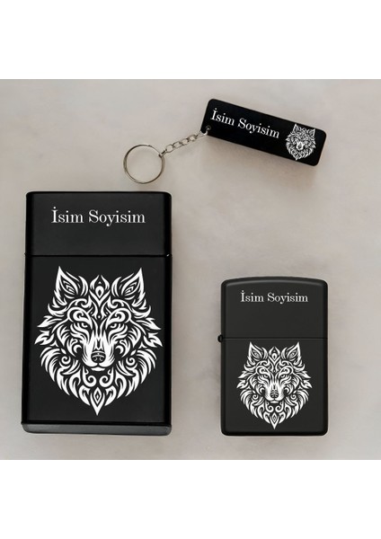 Tribal Kurt Desenli Kişiye Özel Isimli Çakmak,metal Tabaka ve Anahtarlık Seti - 3'lü Hediye Set