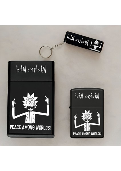 Rick And Morty Peace Desenli Kişiye Özel Isimli Çakmak,metal Tabaka ve Anahtarlık Hediye Seti