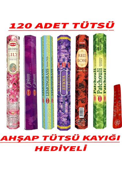 Hem Karışık Tütsü Seti 120 Adet 6 Farklı Koku - Lemongrass, Patchouli, Lily, Opium, Violet, Red Rose