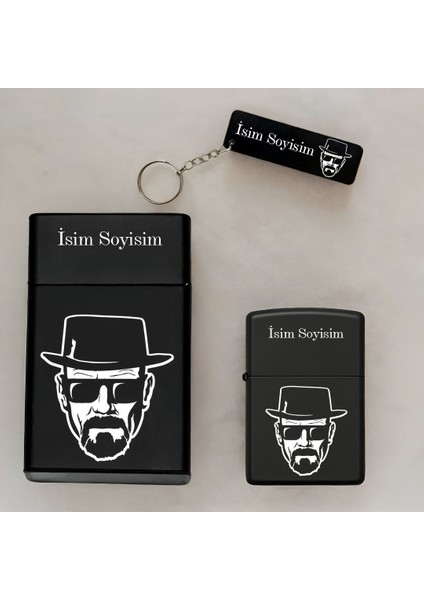 Breaking Bad Desenli Isimli Çakmak,metal Tabaka ve Anahtarlık Seti - 3'lü Hediye Set