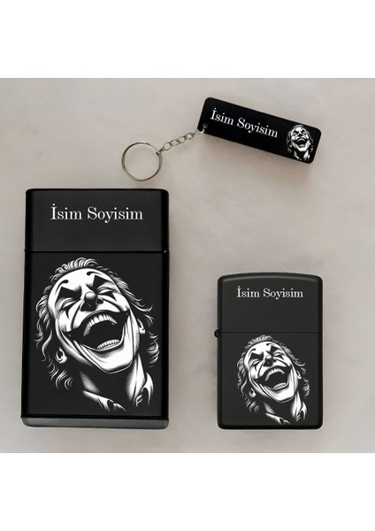 Joker Desenli Kişiye Özel Isimli Çakmak,metal Tabaka ve Anahtarlık Seti - 3'lü Hediye Set SMP28