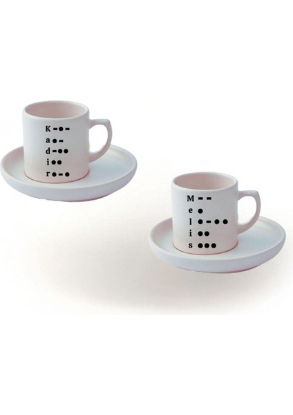 Kişiye Özel Mors Alfabesi Tasarımlı Beyaz Türk Kahvesi Fincanı ve Altlığı