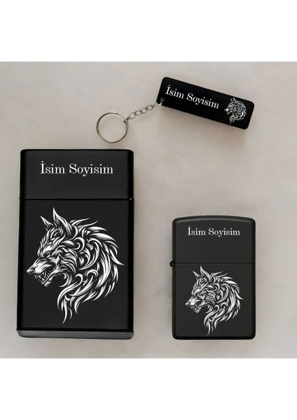 Canavar Kurt Desenli Kişiye Özel Isimli Çakmak,metal Tabaka ve Anahtarlık Seti - 3'lü Hediye Set