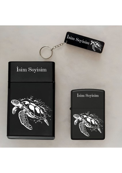 Kaplumbağa Caretta Desenli Isimli Çakmak,metal Tabaka ve Anahtarlık Hediye Seti