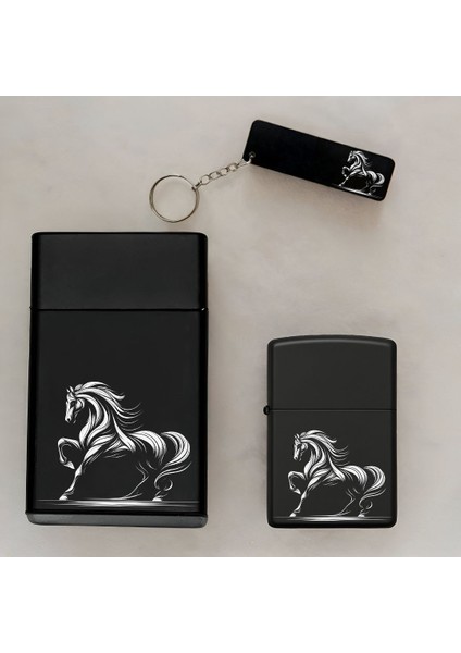 At Horse Desenli Kişiye Özel Isimli Çakmak,metal Tabaka ve Anahtarlık Seti - 3'lü Hediye Set SMP13 fiyatları