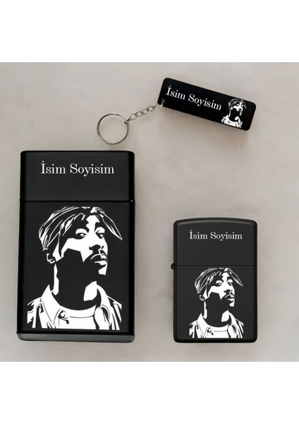 Tupac Desenli Kişiye Özel Isimli Çakmak,metal Tabaka ve Anahtarlık Seti - 3'lü Hediye Set