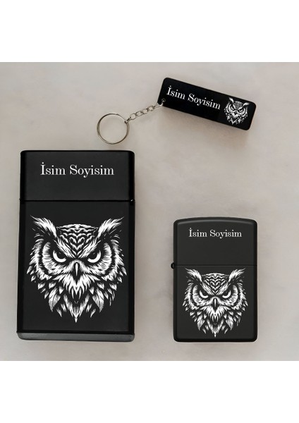 Baykuş Desenli Kişiye Özel Isimli Çakmak,metal Tabaka ve Anahtarlık Seti - 3'lü Hediye Set