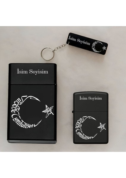 Tc Ayyıldız Desenli Kişiye Özel Isimli Çakmak,metal Tabaka ve Anahtarlık Seti - 3'lü Hediye Set