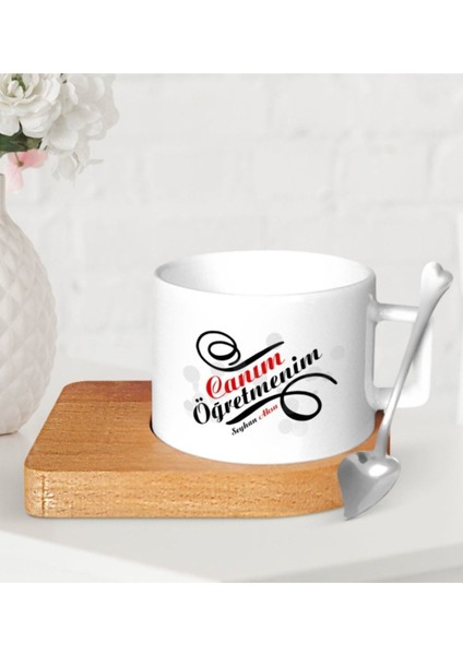 Kişiye Özel Renkli Ahşap Altlıklı Seramik Fincan Takımı-2'li