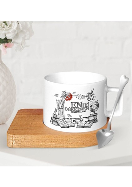 Kişiye Özel Renkli Ahşap Altlıklı Seramik Fincan Seti-8'li